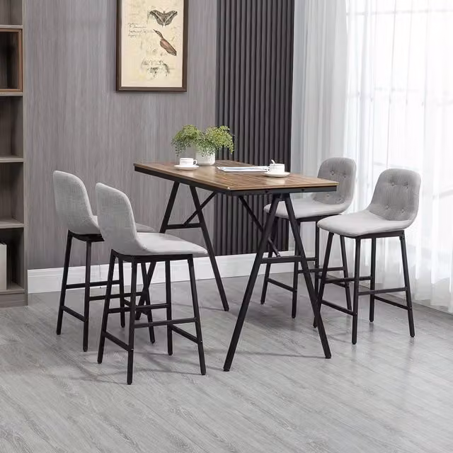 Set da bar WISHDOR composto da tavolo rettangolare e 4 sgabelli, design moderno in metallo e tessuto effetto lino, L/P/H: 120 x 60 x 91 cm, colori marrone e grigio