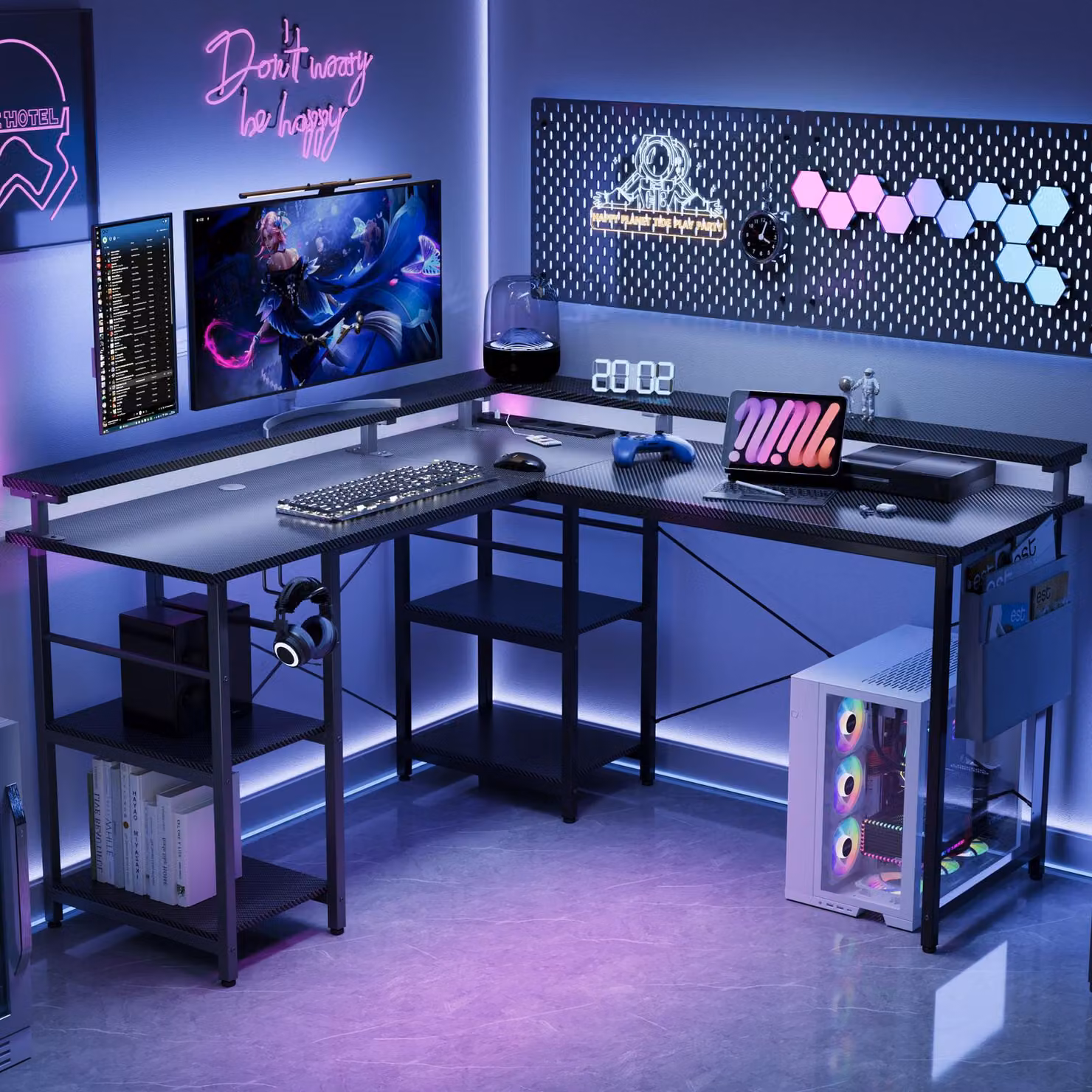 Scrivania angolare da gioco AIORBER 140x140 cm con illuminazione LED RGB, supporto per monitor e presa di corrente, scrivania a L per l'ufficio di casa, nero