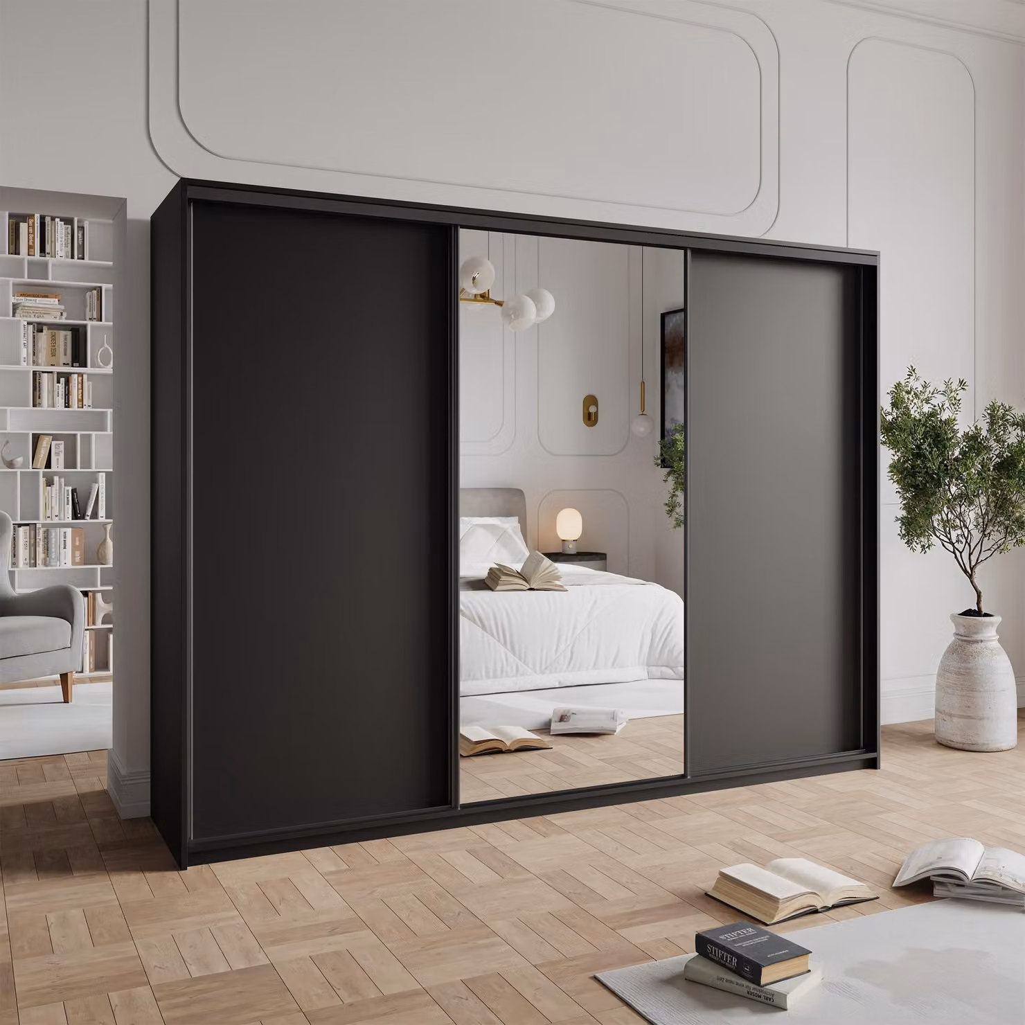 Armadio scorrevole Masseno TAVI 250/205/60 cm Armadio con 4 cassetti Armadio per camera da letto a 3 ante con specchio Nero