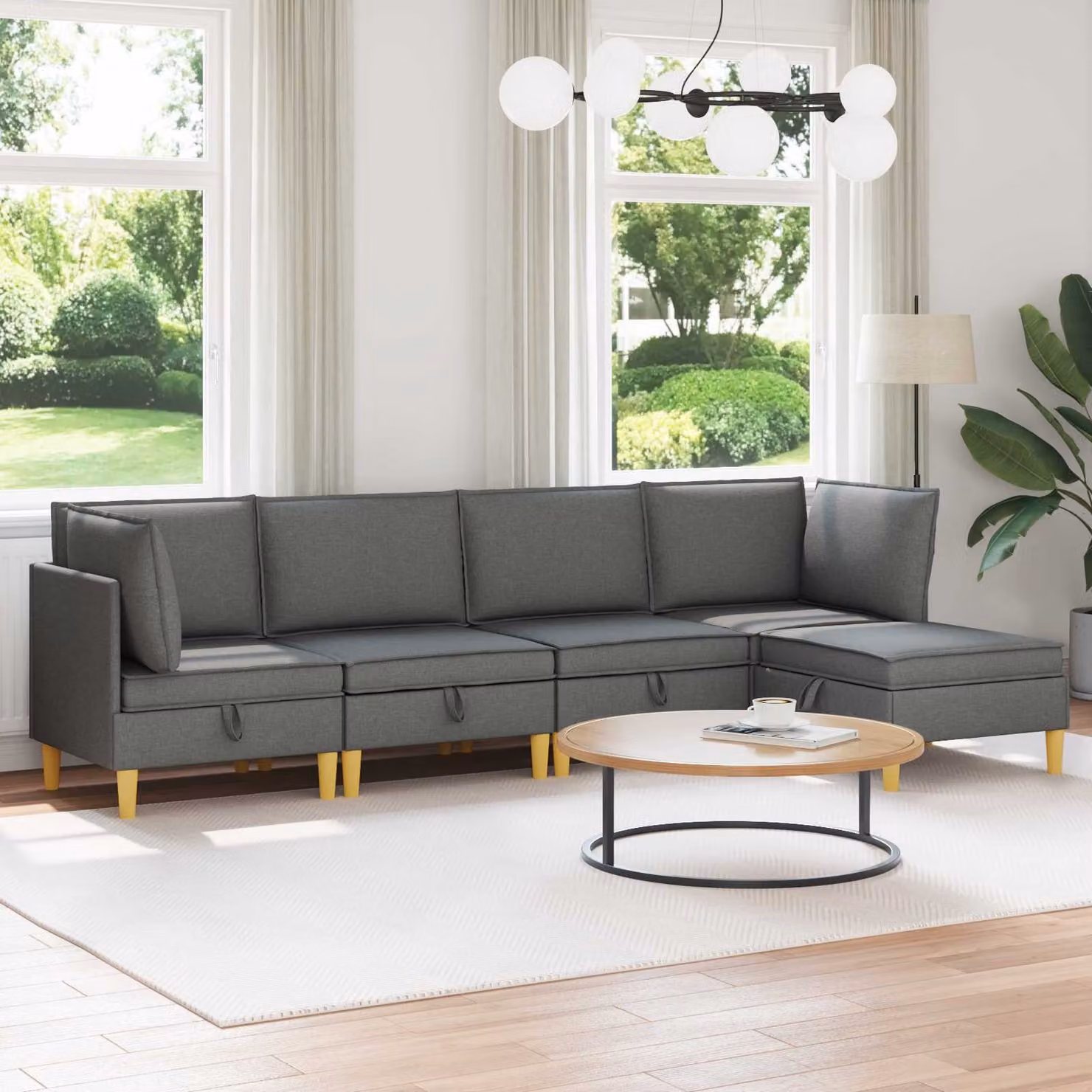 Set di divani modulari vidaXL a forma di L in tessuto grigio con spazio di archiviazione, 5 pezzi
