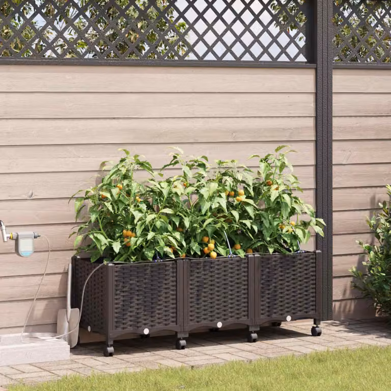 Set di 3 vasi da giardino con irrigazione e ruote vidaXL, colore marrone, in plastica
