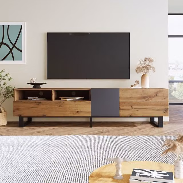 Mobile TV Moderno Aosom con Design Irregolare Colorblocking, Superficie Lucida e Venature in Legno, Rovere, Antracite e Nero – 1