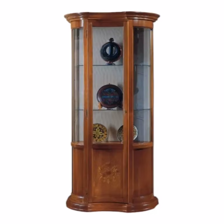 Vetrina classica con vetro curvo e intarsio floreale in legno tinta noce Mobili 2G L/P/H: 90 x 33 x 196 cm