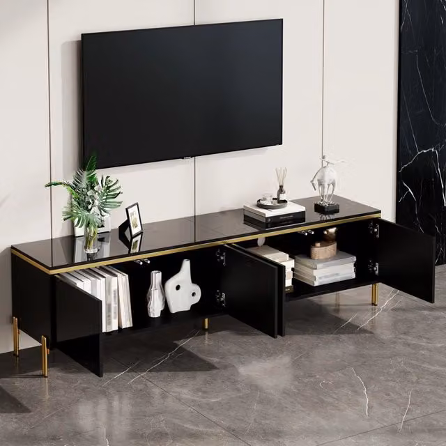 Mobile TV con quattro ante e passacavi finitura lucida gambe metalliche nero 170 × 38 × 50 cm