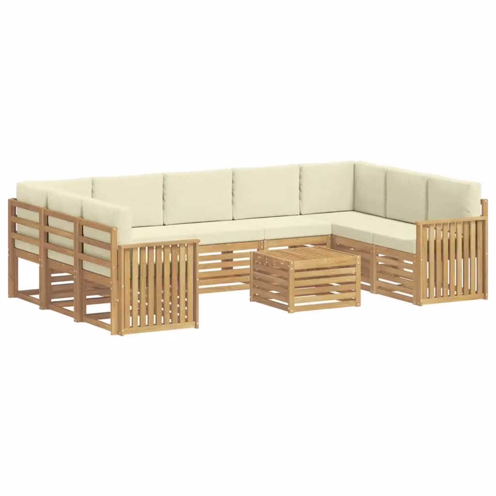 Set di divani da esterno a L con tavolino vidaXL in legno di acacia, colore bianco e beige, comprensivo di cuscini in poliestere resistente ai raggi UV – 2