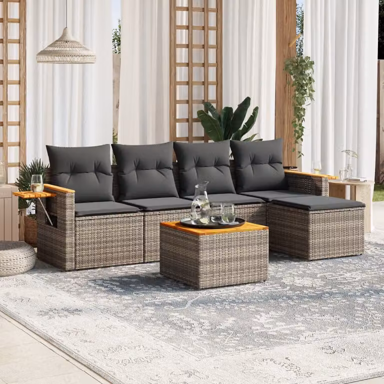 vidaXL Set Divano da Giardino 6 pz a L in Polyrattan Grigio con Cuscini e Tavolino da Caffè