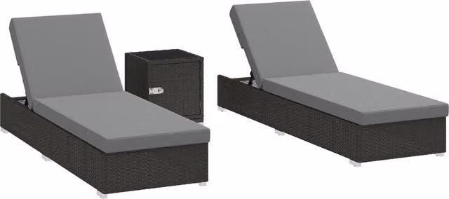 Set 2 Sdraio da Giardino in Rattan Grigio Scuro con Tavolino Lettini Prendisole Regolabili 184x60x22 cm