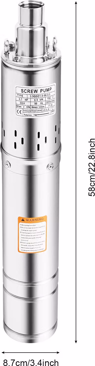 pompa per pozzi profondi da 3,5 pollici, motore altamente efficiente da 0,5 kW, prevalenza massima 100 m, 220 V, UE