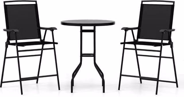 Set di 2 sgabelli da bar da esterno, Arredamento da bistrot con piano tavolo in DPC foro per ombrellone Nero