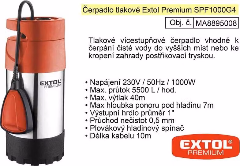 Pompa di pressione sommergibile Extol Premium, 1000 W, 5500 l/h