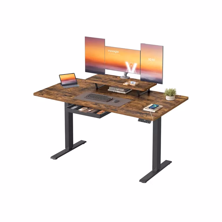 Scrivania elettrica regolabile con supporto monitor e USB, Marrone Vintage / 140 x 70 cm