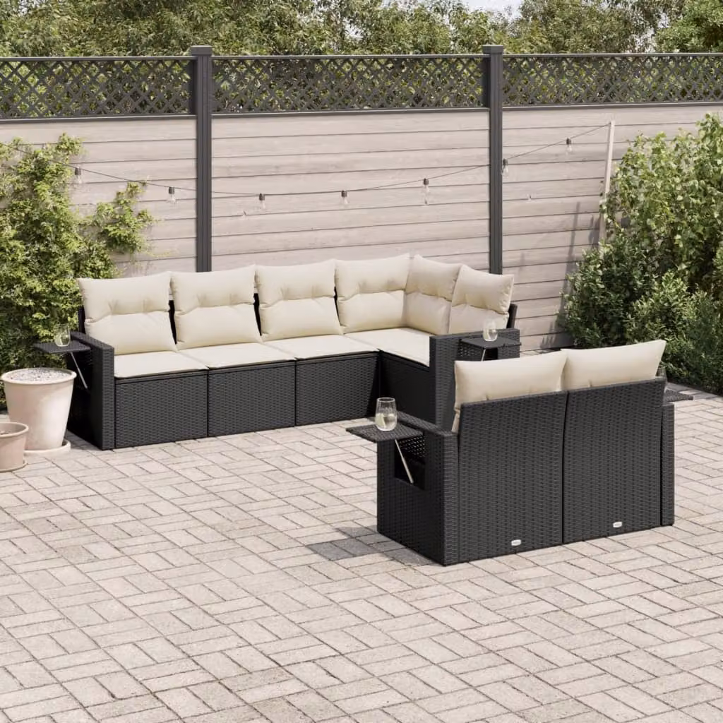 Set Divani da Giardino a L vidaXL in Polyrattan Nero con 7 Cuscini e Tavolino – 1