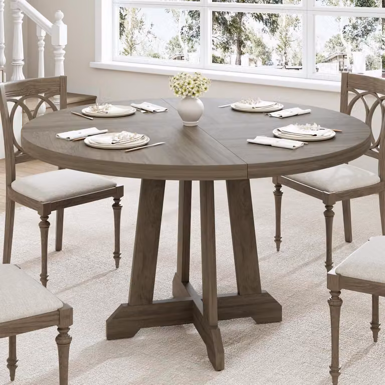 Tavolo rotondo da pranzo, diametro 120 cm, per 4-6 persone, con base in legno, colore grigio