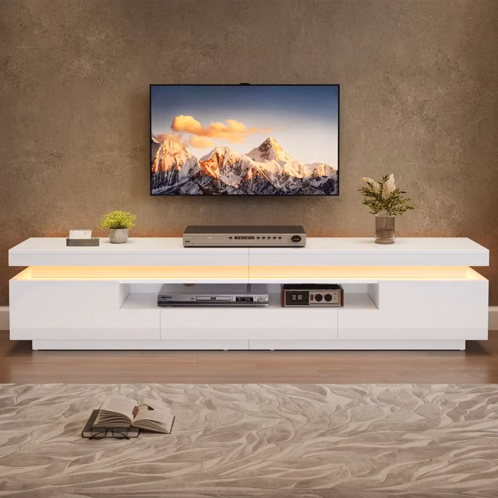 Cassettiera TV moderna KOMHTOM bianca in truciolare lucido con illuminazione integrata L: 175 cm, P: 38 cm, H: 45 cm – 2