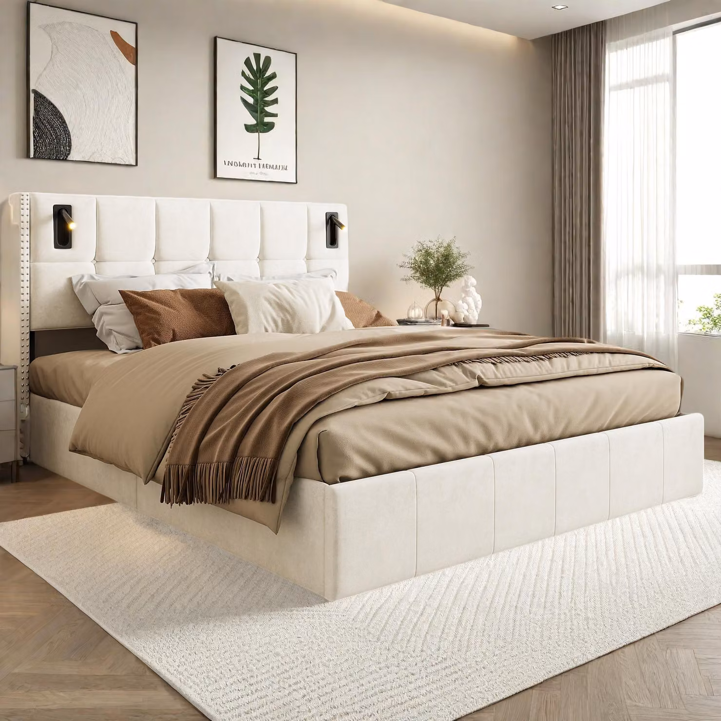 Letto imbottito ProximaX 140 x 200 com, letto matrimoniale con luce di lettura, letto contenitore idraulico con doghe in legno massiccio e metallo, beige