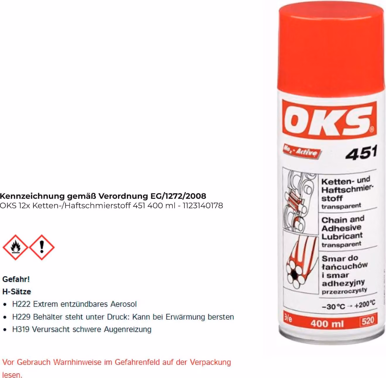 Lubrificante adesivo per catene in spray da 400 ml OKS 451