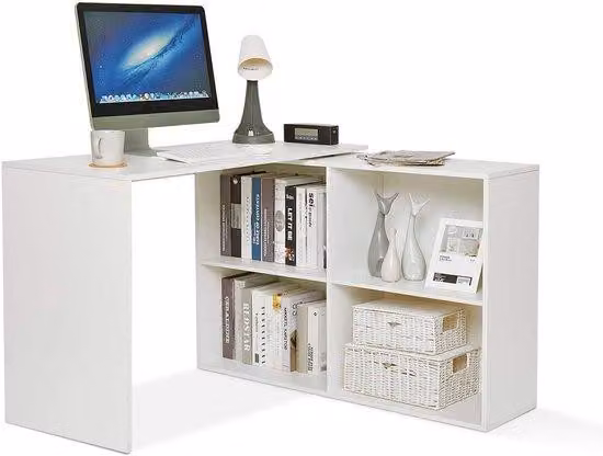 Ibenzoa® Scrivania angolare – 106x106x74,5 cm, piano in pannello truciolare da 15 mm, pannello posteriore in MDF, direzione di rotazione flessibile, sistema di scaffalature a 4 ripiani, ideale per casa e ufficio