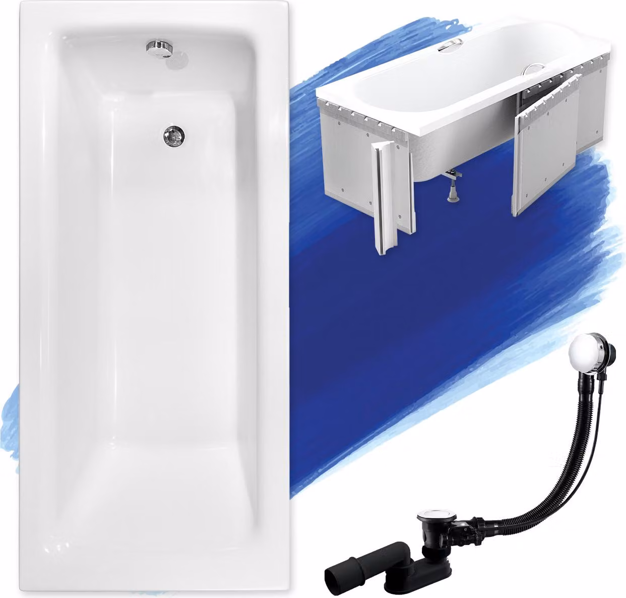 Vasca da bagno rettangolare 160x75 + rivestimento in polistirolo + ripiano in bambù + poggiatesta, scarico e piedini GRATIS | set completo 6in1 vasca da bagno originale in acrilico sifone | BADLAND TALIA