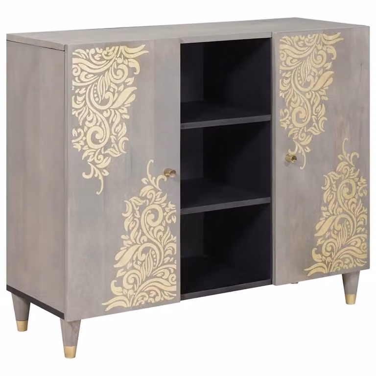 Credenza moderna vidaXL in legno di mango massello, colore grigio e oro, L 90 x P 33 x H 75 cm