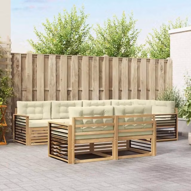 Set di divani da esterno vidaXL a forma di L composto da 7 pezzi in legno di acacia con cuscini bianchi e beige