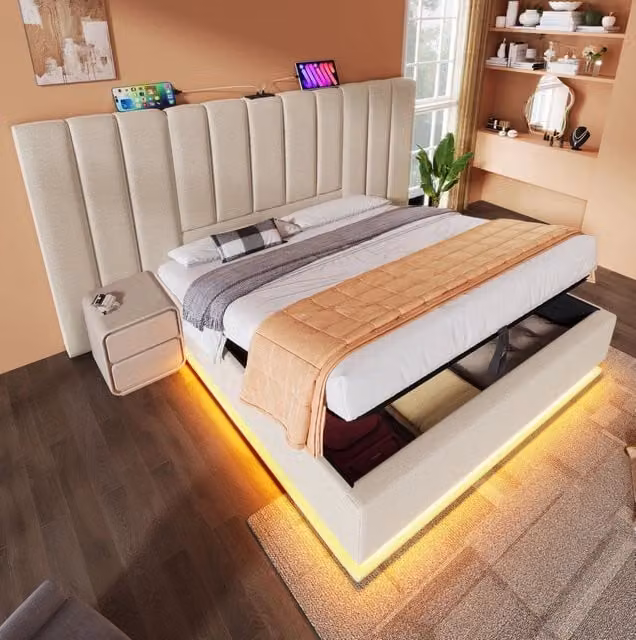 Letto matrimoniale 180x200 cm con contenitore; LED 360掳; USB e Type-C; beige in lino