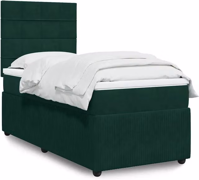 Letto moderno vidaXL con struttura imbottita in velluto verde e materasso ibrido bianco, L/P: 90 x 200 cm