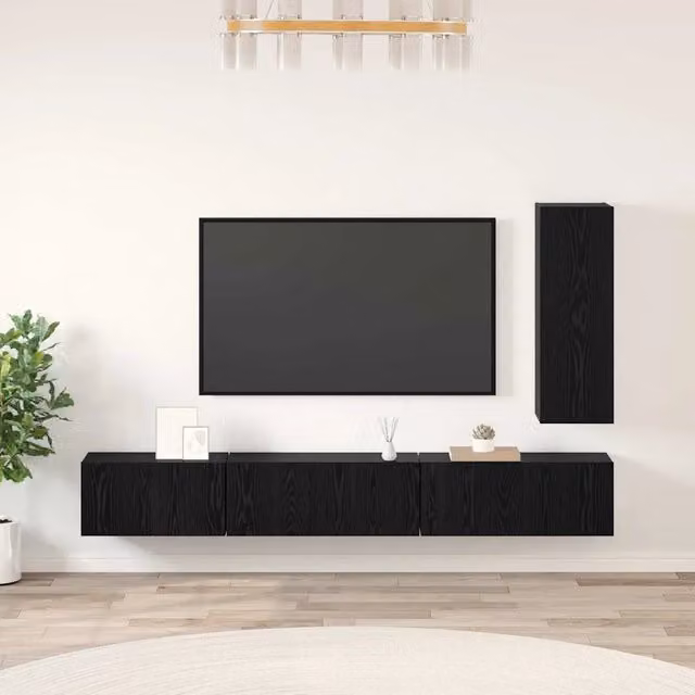 Set mobile TV con cassetto 4 pz-Credenza per TV sospesa Rovere Nero Legno multistrato