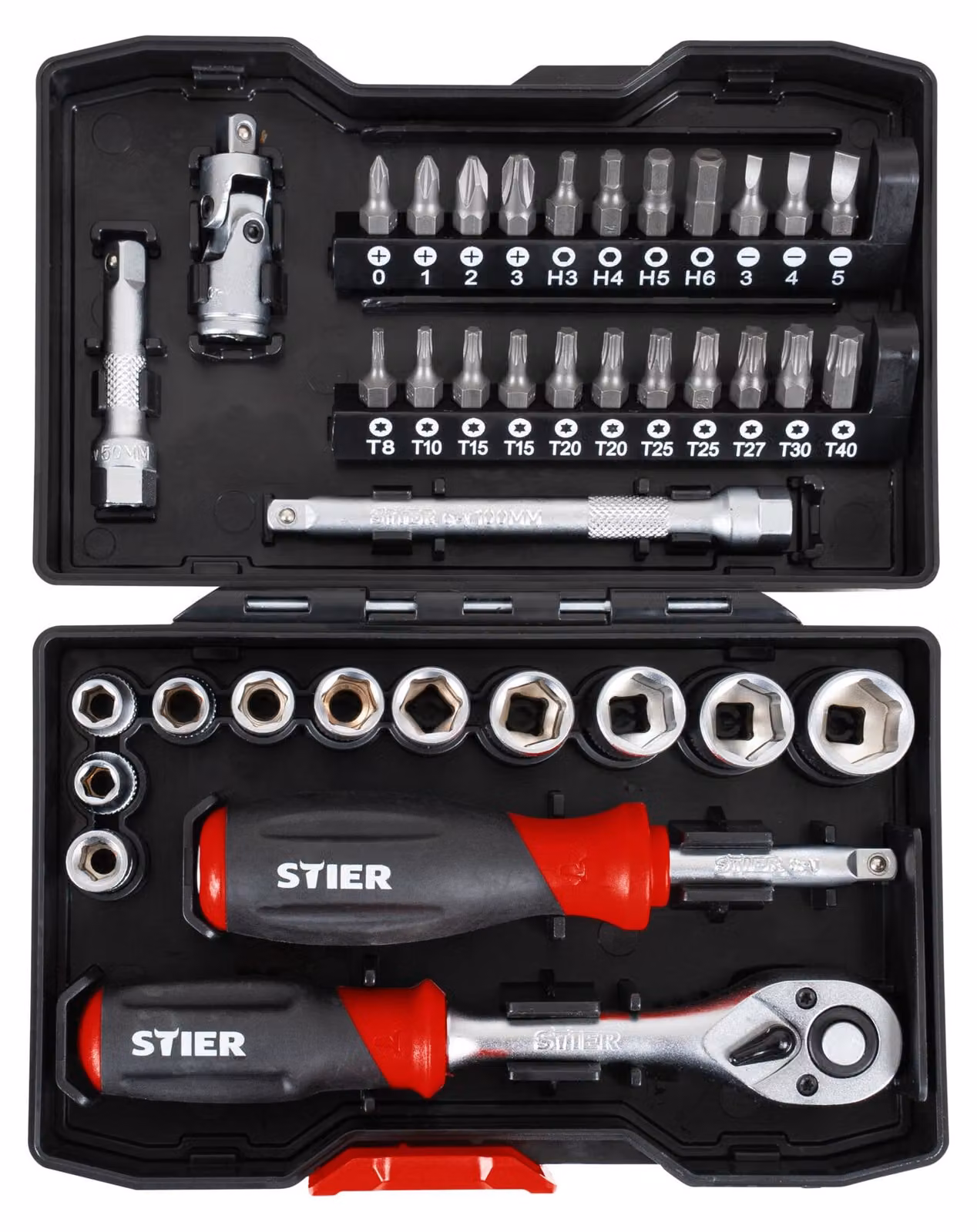 Set di chiavi a bussola STIER, set di punte, 38 pezzi, cricchetto reversibile da 1/4 di pollice, bussola esagonale da 1/4 di pollice, bussola esagonale Phillips a taglio da 1/4 di pollice, cacciavite