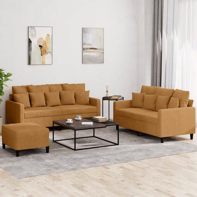 Set di divani 3 pezzi vidaXL in velluto marrone con cuscini per soggiorno in stile moderno