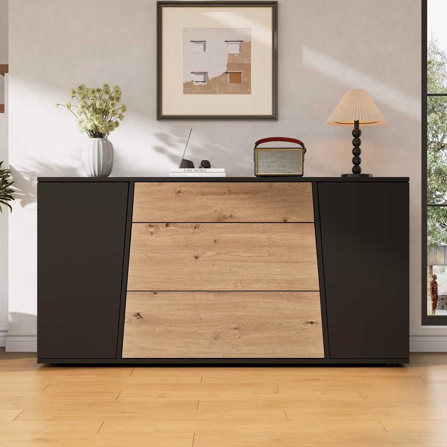 Mobiletto laterale Merax, pensile da cucina con 2 ante e 3 cassetti, mobiletto contenitore con ripiani regolabili, mobile per soggiorno con piano di lavoro, in MDF, colore nero
