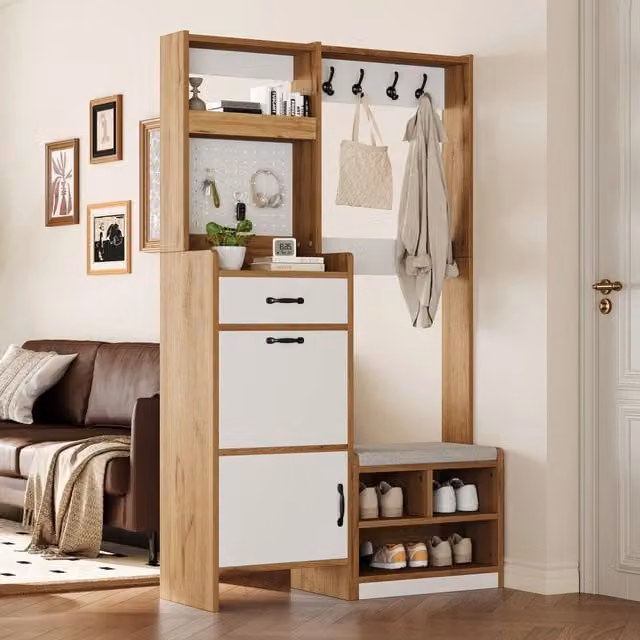 Garderoba da ingresso multifunzionale WISHDOR con panca e appendiabiti, stile scandinavo, bianco e beige, L: 108,5 cm, P: 35 cm, H: 180 cm