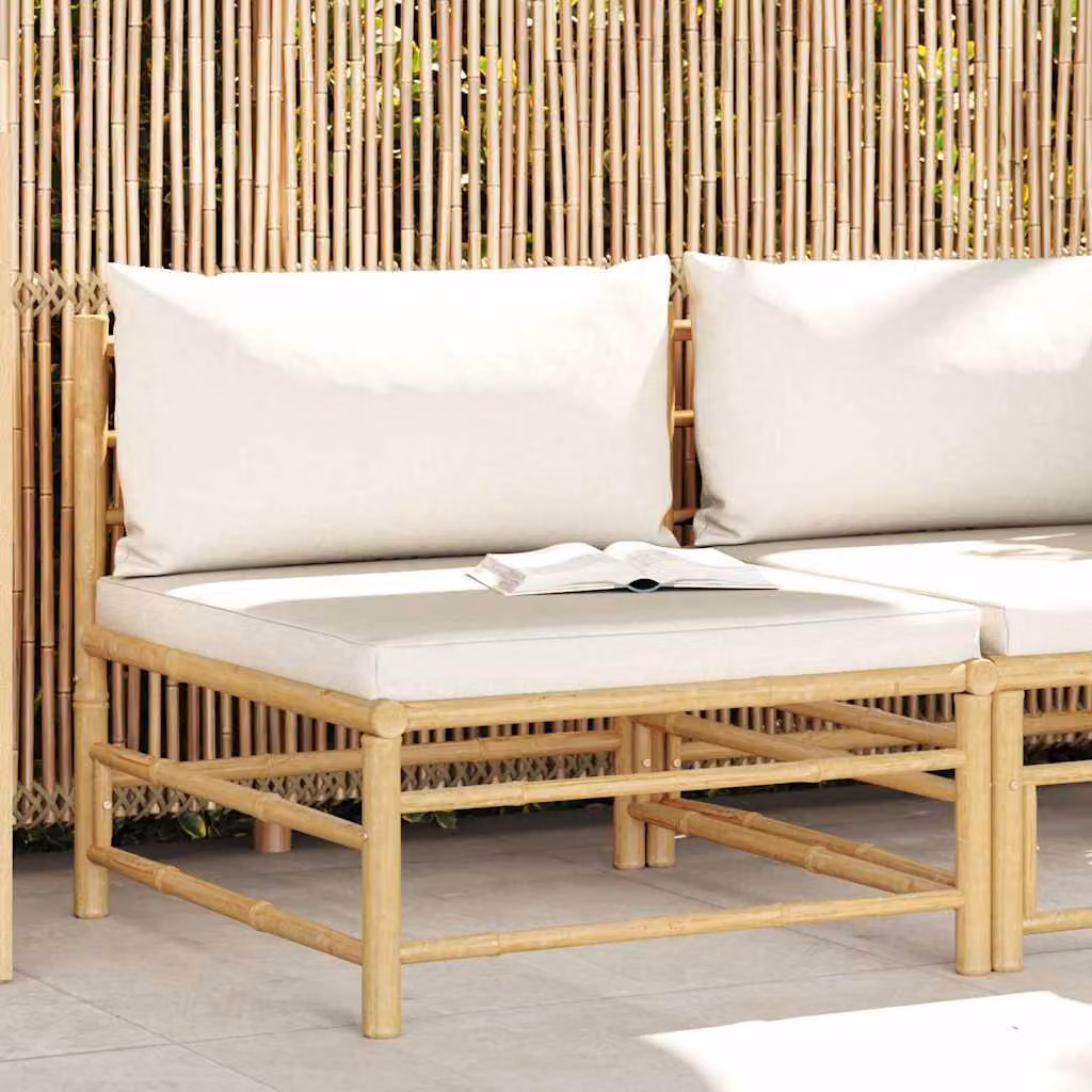 vidaXL Divano Centrale da Giardino in Bambù con Cuscini Bianco e Beige