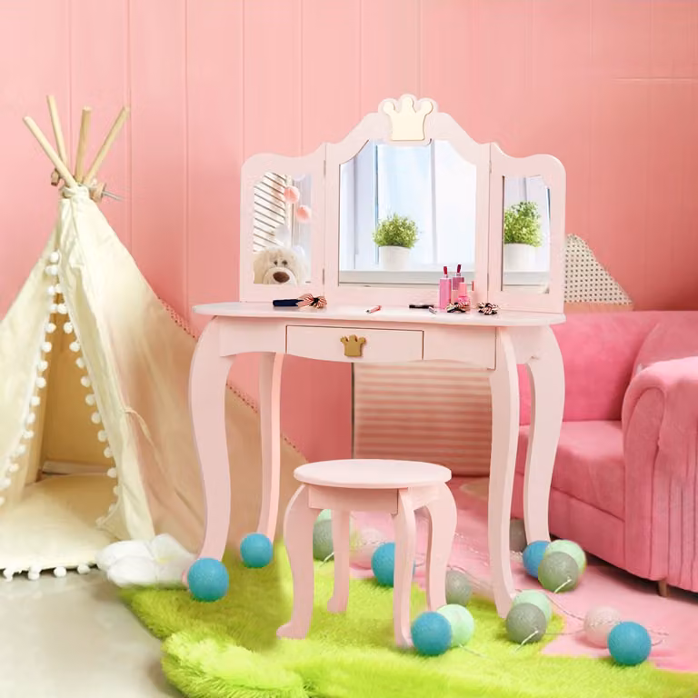 Set Toeletta e Sedia per Bambine Costway con Cassetto e Specchio, Design 2 in 1 Moderno, L: 80 cm, P: 42 cm, H: 105 cm, Rosa