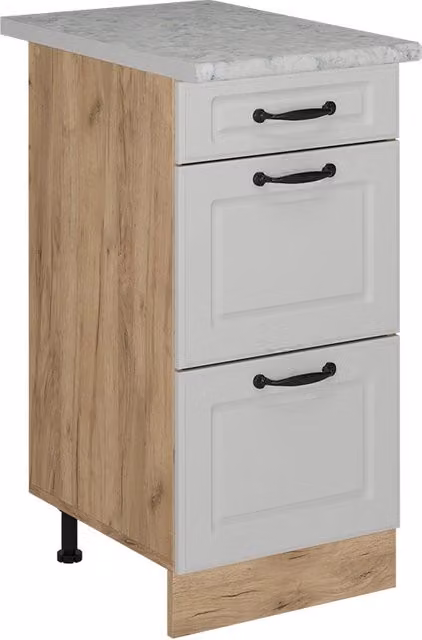 Mobiletto base per cucina R-Line Bianco rustico/Rovere dorato 40 cm con cassetti, marmo AP Vicco