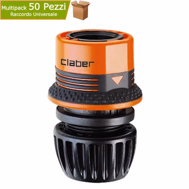 Multipack da 50 pezzi di raccordi Claber 8543 in plastica per collegamento tubo da giardino, colore nero e arancione, misura 1/2" - 5/8"