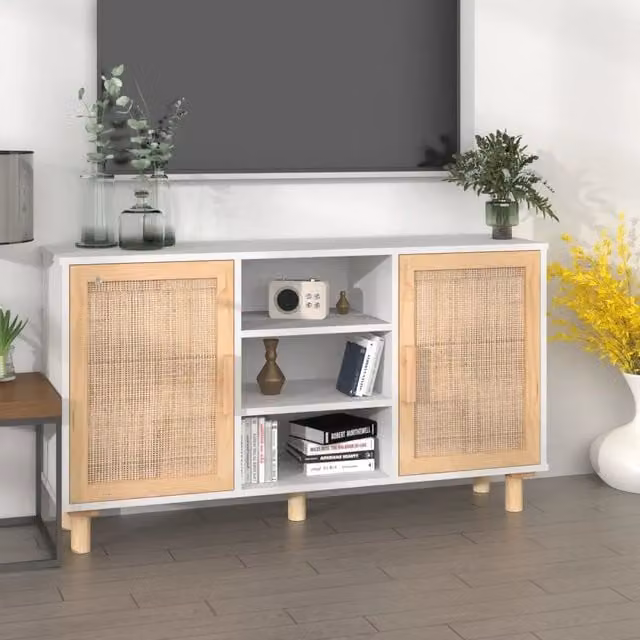 Credenza Bianca 105x30x60cm Legno Massello Pino Rattan Naturale 345639