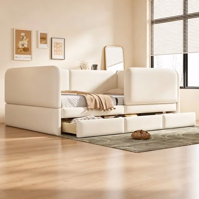 Letto per bambini 140x200 cm con cassetti e angoli arrotondati in velluto beige