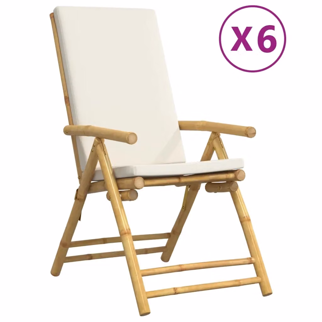 Set di 6 sedie da giardino reclinabili vidaXL in bambù con cuscini bianco e beige – 2