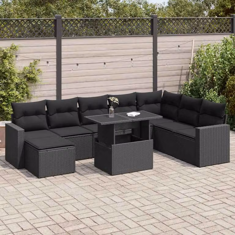 Set di divani da giardino vidaXL 9 pezzi in polyrattan nero con cuscini e tavolino da esterno