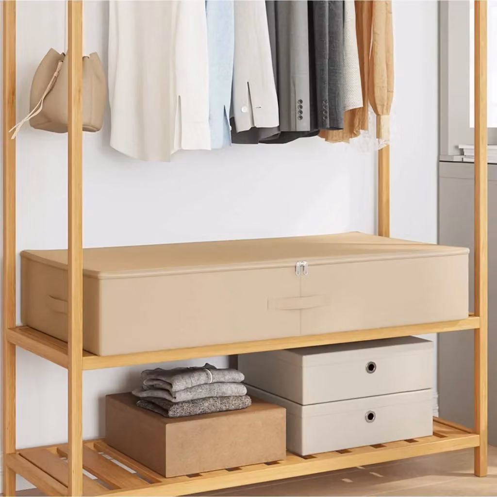 Set di 6 scatole di stoccaggio pieghevoli in tessuto beige con maniglie per sotto il letto, L: 100 cm, P: 50 cm, H: 18 cm – 2