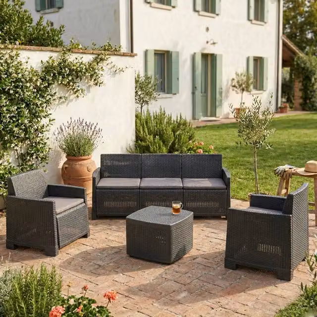 Set Salotto da Esterno Akayr DMORA in Rattan, 5 Posti con Cuscini, Nero Antracite – 1