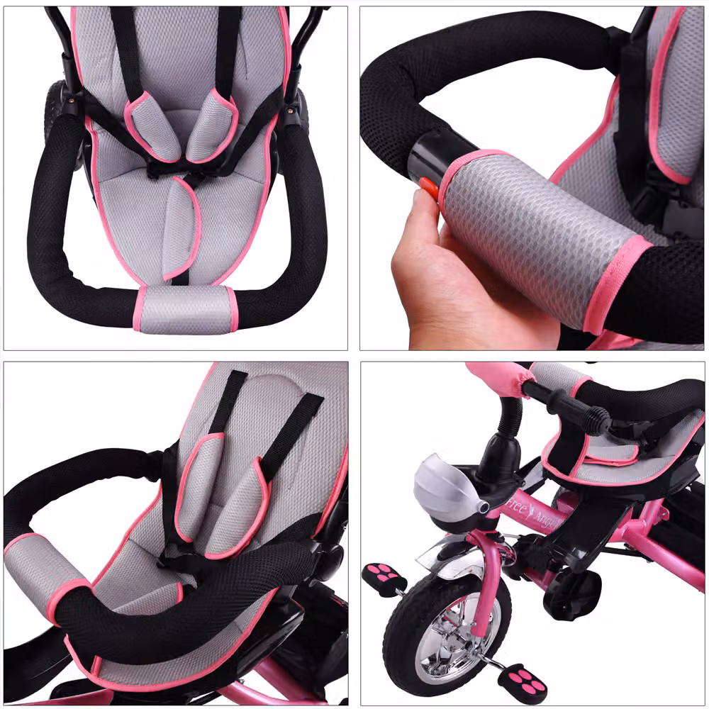 Triciclo passeggino Spielwerk per bambini rosa con cappottina, maniglia di spinta e freno – 2