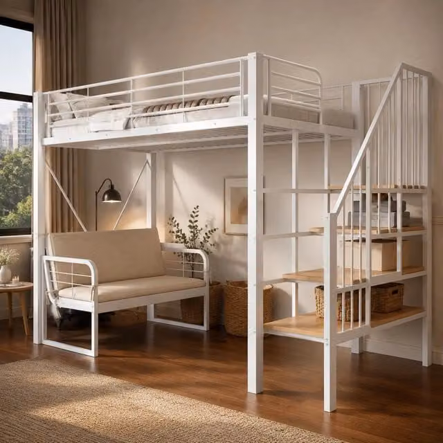 Letto a castello 90x200 cm con struttura in metallo, divano imbottito removibile, scaletta con vano contenitore, design moderno bianco e nero