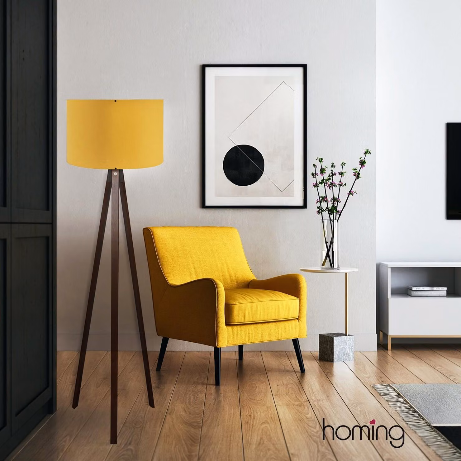 Opviq, lampada da terra di alta qualità, gialla, altezza 140 cm | 100% MDF, paralume in PVC, diametro: 38 cm, attacco E27, max 40 W | Design scandinavo, ideale per gli interni moderni.