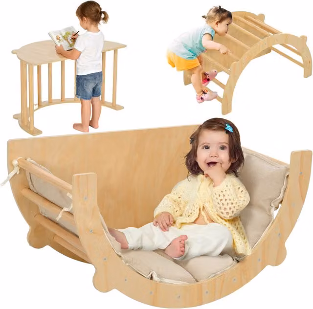 Arco di arrampicata 3 in 1 per bambini in legno di pino naturale con cuscino dondolo e tavolo da gioco multifunzionale 18-48 mesi