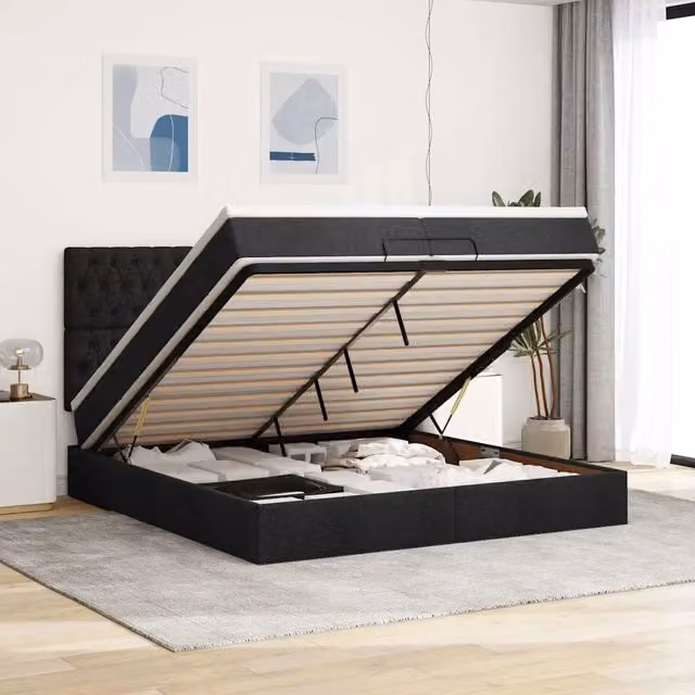 Letto con contenitore a sollevamento vidaXL in tessuto nero e bianco L: 200 cm, P: 200 cm, H: 280 cm