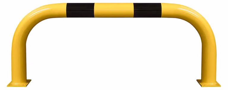 Barra di protezione XL, tubo tondo 108/3,6 mm, curvata, LxA 1500x600 mm, esterno, zincata a caldo e verniciata di giallo, con strisce nere, da fissare con tasselli