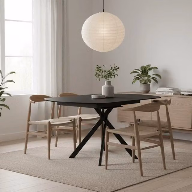 Tavolo da pranzo allungabile Drift Duzzle in ceramica effetto cemento grigio e nero, design moderno per 6 posti, L/P: 80-120 x 120 cm, H: 76 cm