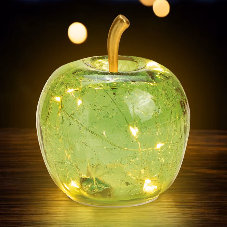 3.08 Piccola mela di vetro con 10 luci LED - Ø 11 cm - batteria luminosa decorativa - colore: verde chiaro (piccola)