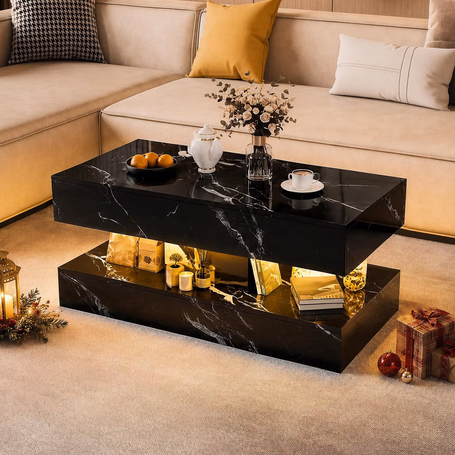 Tavolino REMZETTA, dimensioni 100 x 50 x 45 cm, colore nero con finitura effetto marmo lucido, tavolino moderno per il soggiorno, ideale per divani e zone relax, adatto sia per il soggiorno che per la sala da pranzo